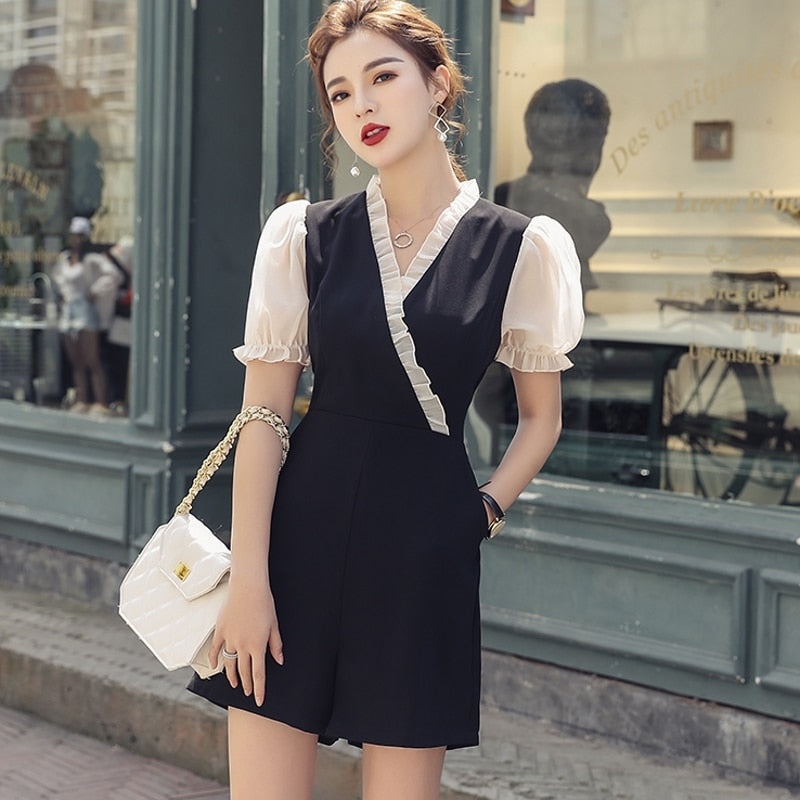 Summer 2019 Jumpsuit Playsuit Women Patchwork V-neck Ruffles Back Zipper Short Lantern Sleeve Wide Leg Overalls Rompers S94793