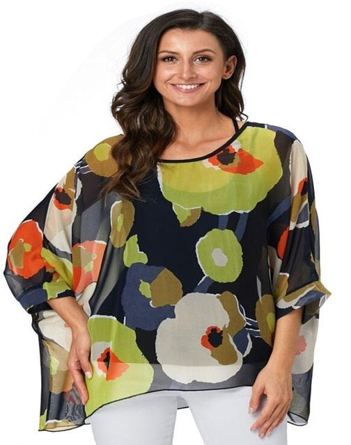 Baharcelin 5XL 6XL Summer Blouse Batwing Sleeve Casual Women Blouse Plus Size Printed Dot Chiffon Beach Top Clothing Clothes