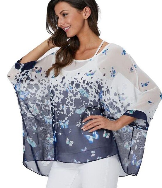 Baharcelin 5XL 6XL Summer Blouse Batwing Sleeve Casual Women Blouse Plus Size Printed Dot Chiffon Beach Top Clothing Clothes