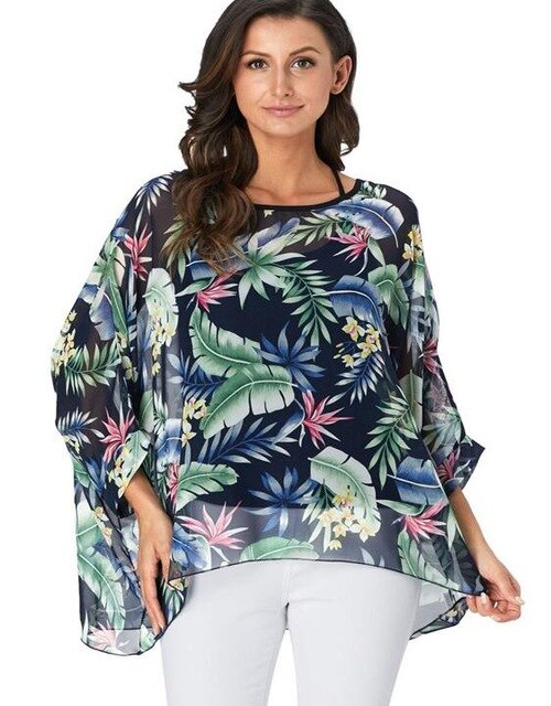 Baharcelin 5XL 6XL Summer Blouse Batwing Sleeve Casual Women Blouse Plus Size Printed Dot Chiffon Beach Top Clothing Clothes