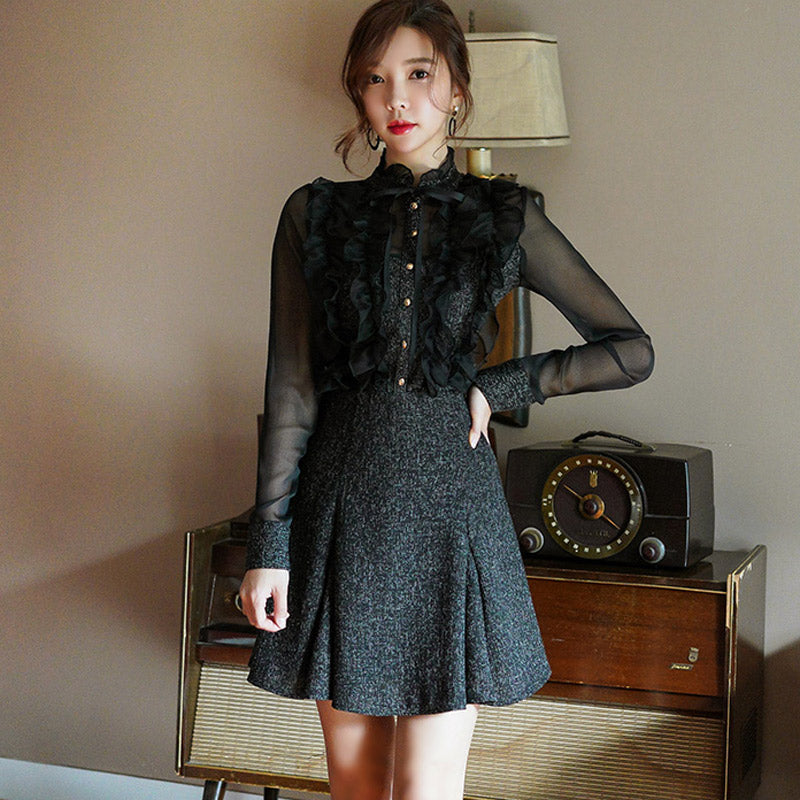 Women autumn wear new temperament of Korea with solid stand neck long sleeve splicing lace offce lady knee-length dress