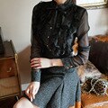 Women autumn wear new temperament of Korea with solid stand neck long sleeve splicing lace offce lady knee-length dress