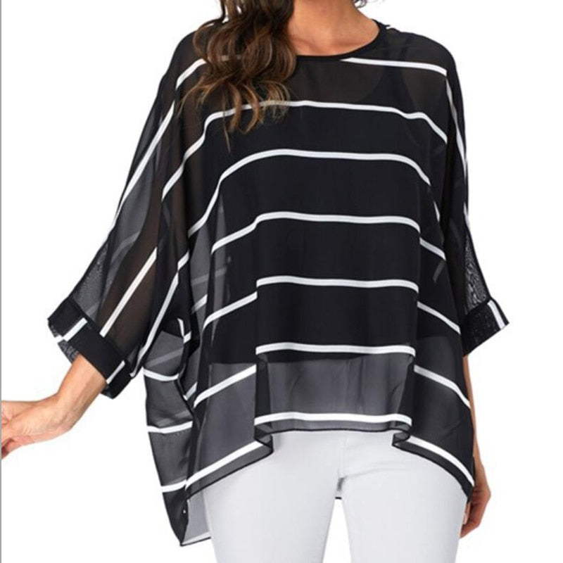 Baharcelin Vestidos Summer Blouse Batwing Sleeve Casual Women Blouse Plus Size 5XL 6XL Striped Chiffon Top Clothing Clothes