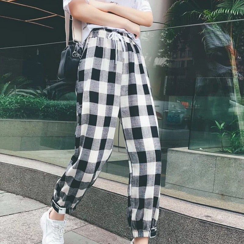 Plaid Harem Pants Women Autumn Casual Pants Clothes Loose Drawstring Pants For Women