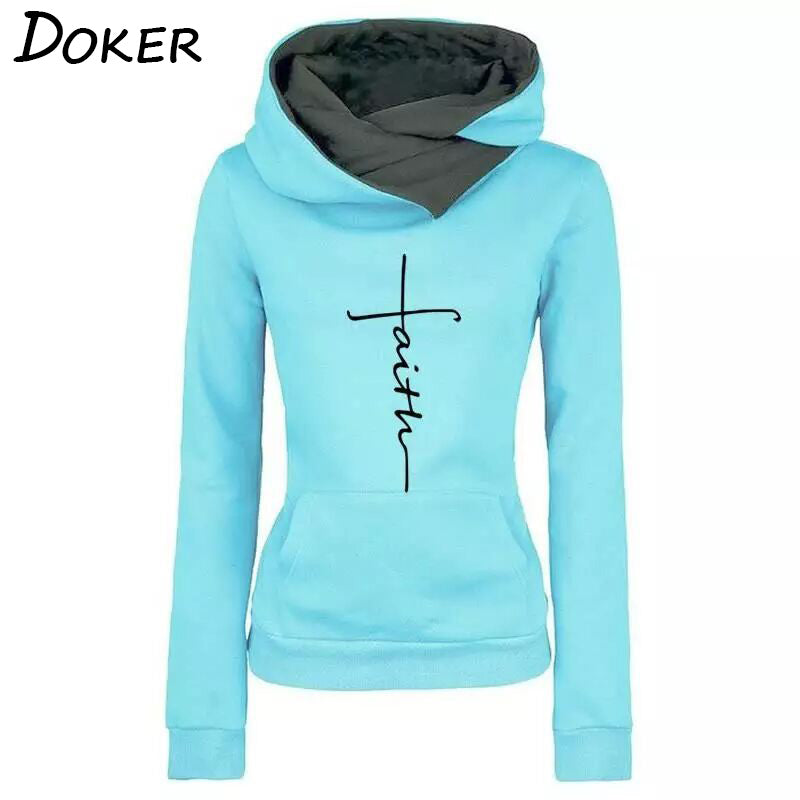 Autumn Winter Hoodies Sweatshirts Women Faith Embroidered  Sweatshirts Long Sleeve Pullovers Christmas Casual Warm Hooded Tops