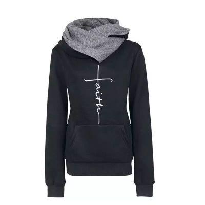 Autumn Winter Hoodies Sweatshirts Women Faith Embroidered  Sweatshirts Long Sleeve Pullovers Christmas Casual Warm Hooded Tops