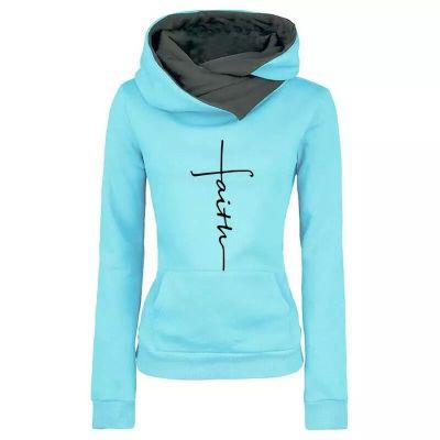 Autumn Winter Hoodies Sweatshirts Women Faith Embroidered  Sweatshirts Long Sleeve Pullovers Christmas Casual Warm Hooded Tops