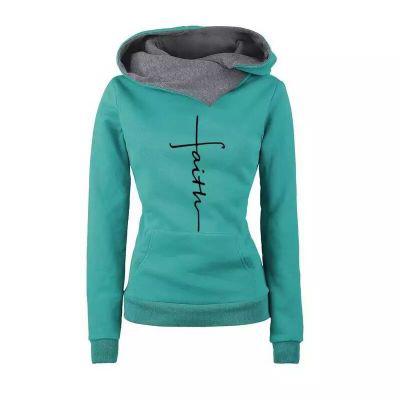 Autumn Winter Hoodies Sweatshirts Women Faith Embroidered  Sweatshirts Long Sleeve Pullovers Christmas Casual Warm Hooded Tops