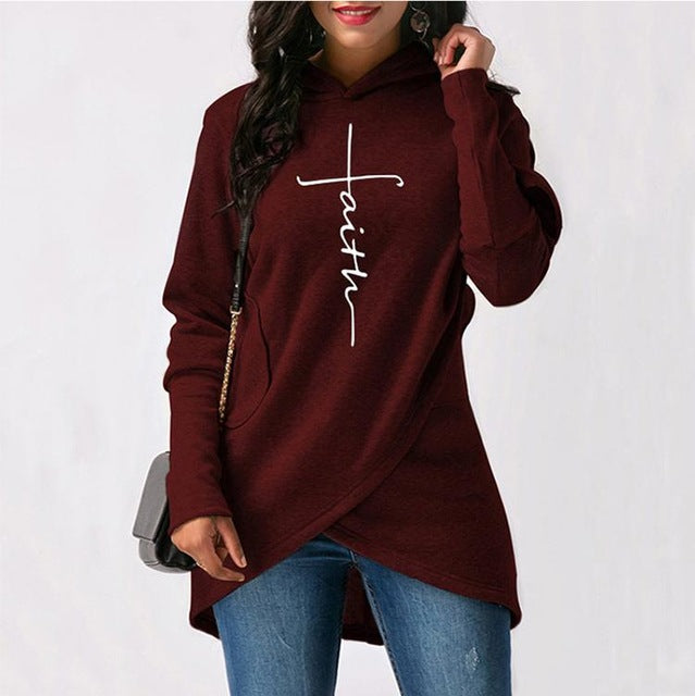 Autumn Winter Women Hoodies Sweatshirts Casual Faith Cross Embroidered Pullovers Long Sleeve Hoodies Famale Christmas Warm Tops