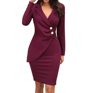 Women Elegant Fashion Office Lady Work Wear Stylish Party Dress Two Tone Metallic Button Midi Bodycon Dress 2020 #LR2