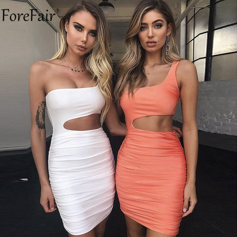 Forefair New Ruched Mini Bodycon Dress Summer Women Backless Mini Party Dresses 2018 One Shoulder Sleeveless Sexy Dress