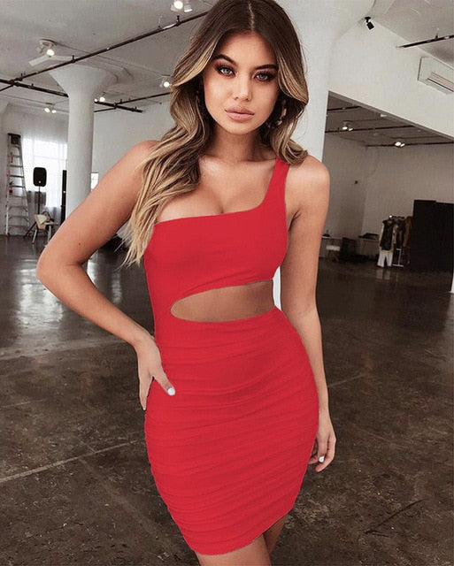 Forefair New Ruched Mini Bodycon Dress Summer Women Backless Mini Party Dresses 2018 One Shoulder Sleeveless Sexy Dress