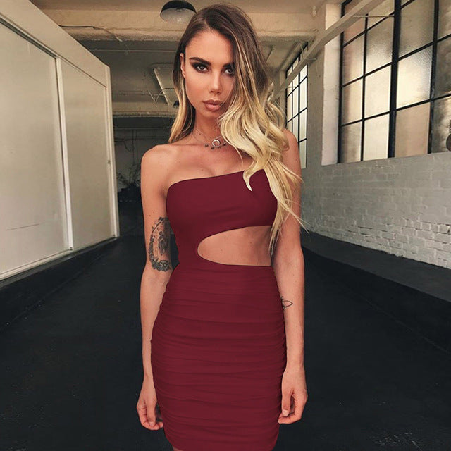 Forefair New Ruched Mini Bodycon Dress Summer Women Backless Mini Party Dresses 2018 One Shoulder Sleeveless Sexy Dress