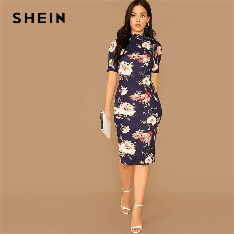 SHEIN Navy Floral Print Stand Collar Elegant Bodycon Dress Women 2019 Pink Lady lk SHEIN Navy Floral Print Stand Collar Elegant Bodycon Dress Women 2019 Pink Lady lk