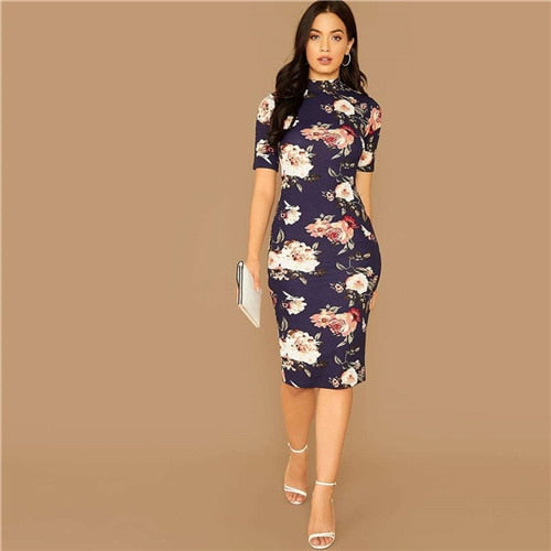 SHEIN Navy Floral Print Stand Collar Elegant Bodycon Dress Women 2019 Pink Lady lk SHEIN Navy Floral Print Stand Collar Elegant Bodycon Dress Women 2019 Pink Lady lk