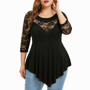 Large size Women blusas Sexy O-Neck Tshirt Plus Size 6XL Long Sleeve T-shirt Female Casual Hollow Lace Tees Tops Clothes D30