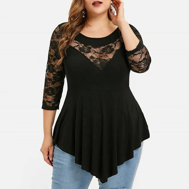 Large size Women blusas Sexy O-Neck Tshirt Plus Size 6XL Long Sleeve T-shirt Female Casual Hollow Lace Tees Tops Clothes D30