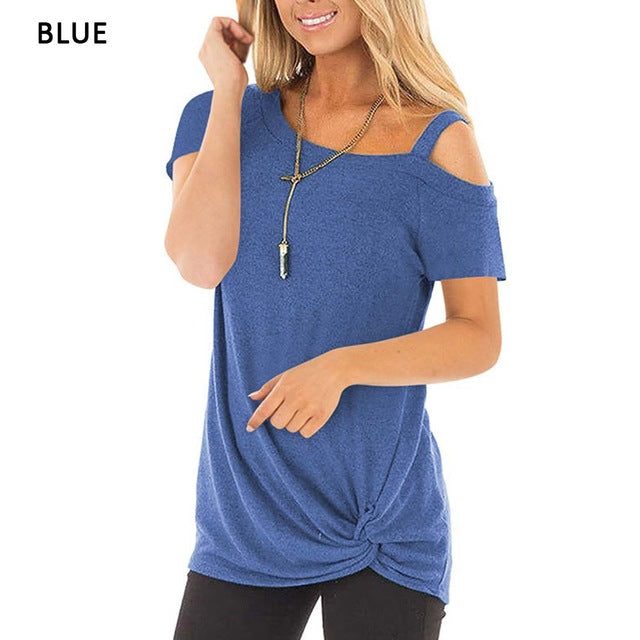 Sexy T Shirt Women Cold-shoulder Short Sleeve 2020 New Summer Tee Shirts Women Clothes Fashion Tie Long Tees Female camiseta