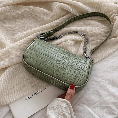 Crocodile Embossed Chain Baguette Bag