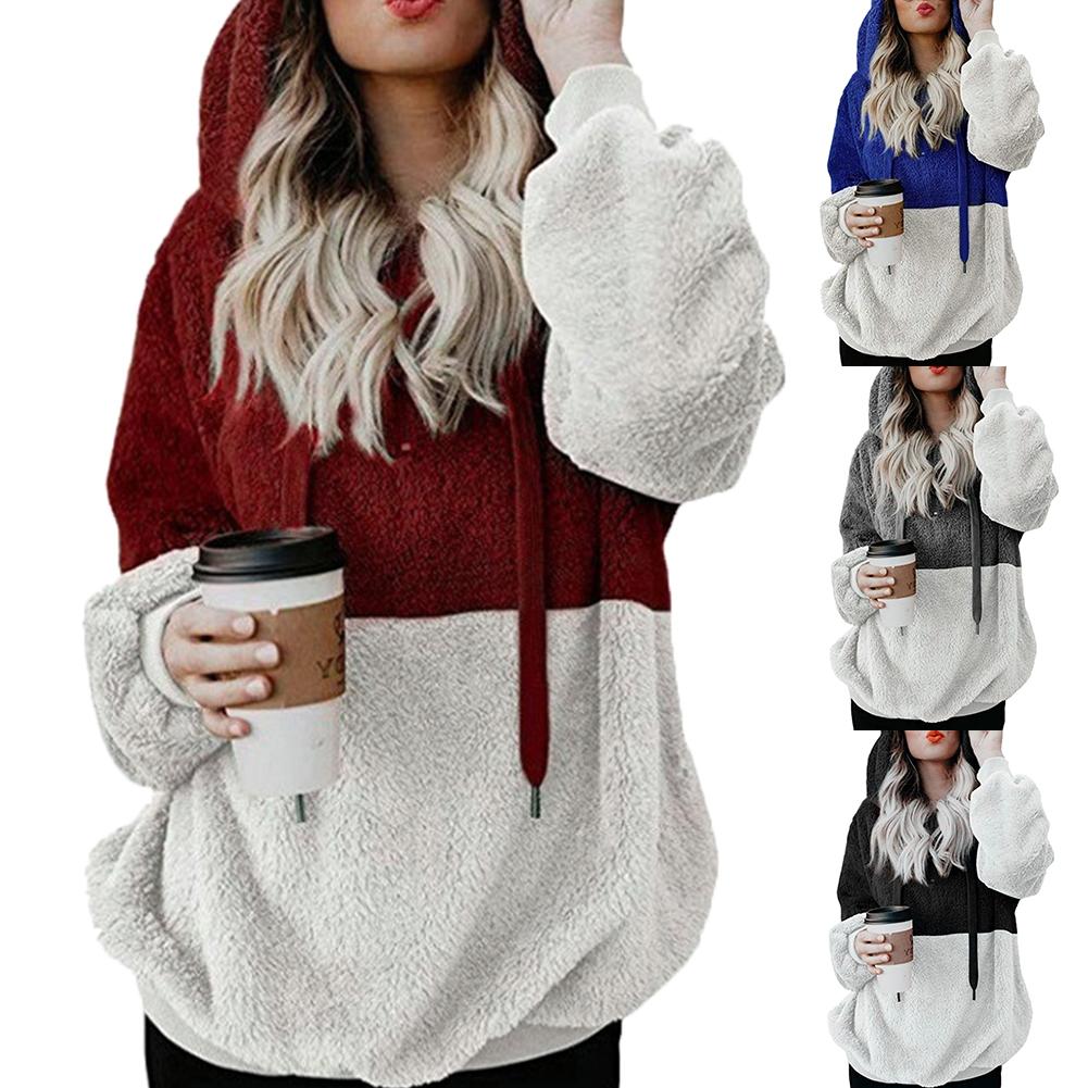 Fashion Plus Size Women Plush Hooded Sweatshirt Patchwork Long-Sleeved Causal hooded Sweatshirt For Female Clothing