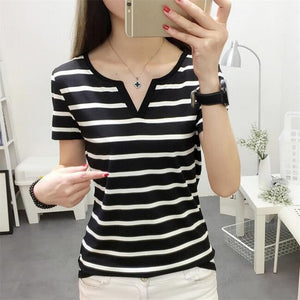 MRMT Stripes Womens T-Shirt V Collar T Shirts Skinny Half Sleeve Clothes Women Slim Under Wear Tshirt Casual Top Tees For Female