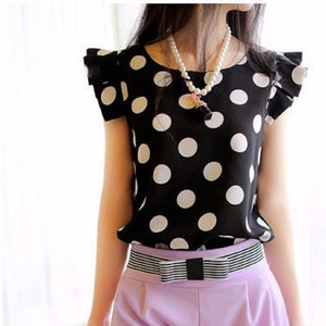 2020 Summer Style Women Blouse Tops Polka Dot Ruffled Pleated Chiffon Short-sleeve Shirt Female Plus Size Chiffon Blusa Feminina