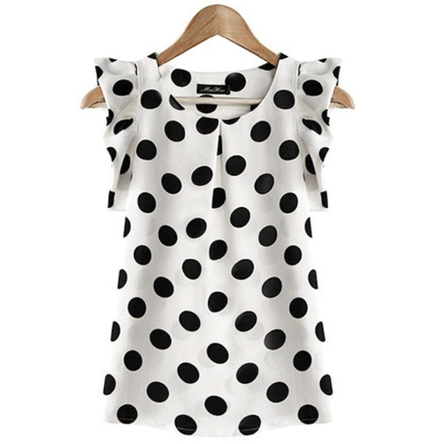 2020 Summer Style Women Blouse Tops Polka Dot Ruffled Pleated Chiffon Short-sleeve Shirt Female Plus Size Chiffon Blusa Feminina