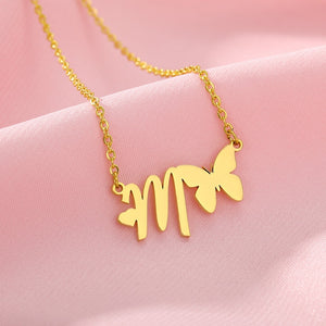 A-Z Butterfly Heart Initial Letter Necklaces For Women Gold Color Stainless Steel Long Chain Female Pendant Necklace Jewelry