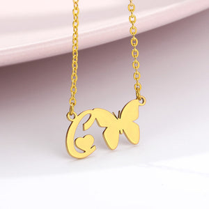 A-Z Butterfly Heart Initial Letter Necklaces For Women Gold Color Stainless Steel Long Chain Female Pendant Necklace Jewelry