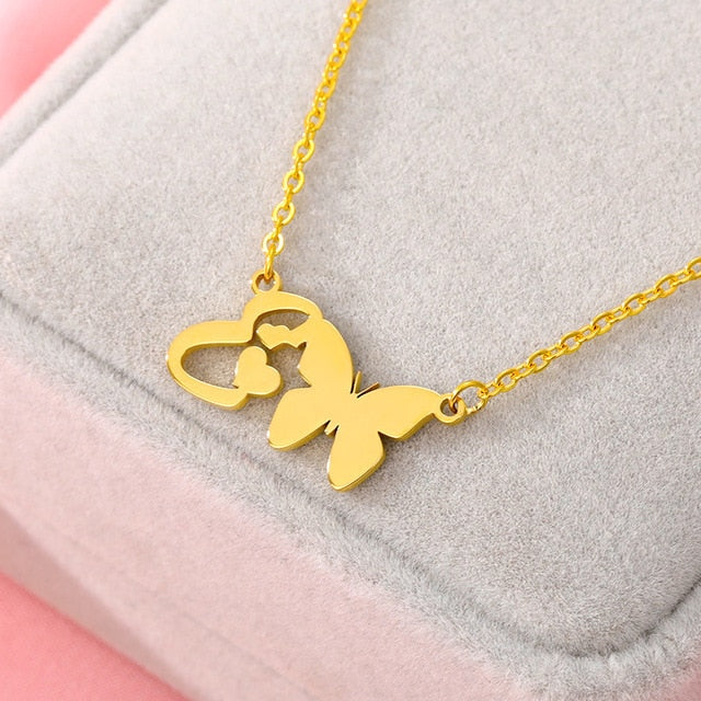 A-Z Butterfly Heart Initial Letter Necklaces For Women Gold Color Stainless Steel Long Chain Female Pendant Necklace Jewelry