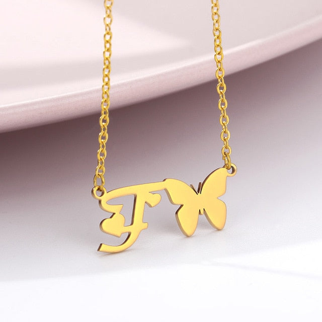 A-Z Butterfly Heart Initial Letter Necklaces For Women Gold Color Stainless Steel Long Chain Female Pendant Necklace Jewelry