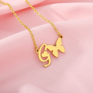 A-Z Butterfly Heart Initial Letter Necklaces For Women Gold Color Stainless Steel Long Chain Female Pendant Necklace Jewelry