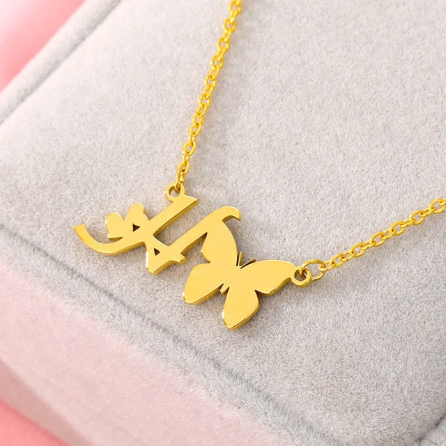 A-Z Butterfly Heart Initial Letter Necklaces For Women Gold Color Stainless Steel Long Chain Female Pendant Necklace Jewelry