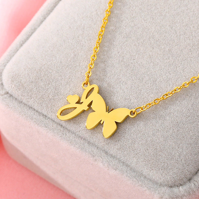 A-Z Butterfly Heart Initial Letter Necklaces For Women Gold Color Stainless Steel Long Chain Female Pendant Necklace Jewelry