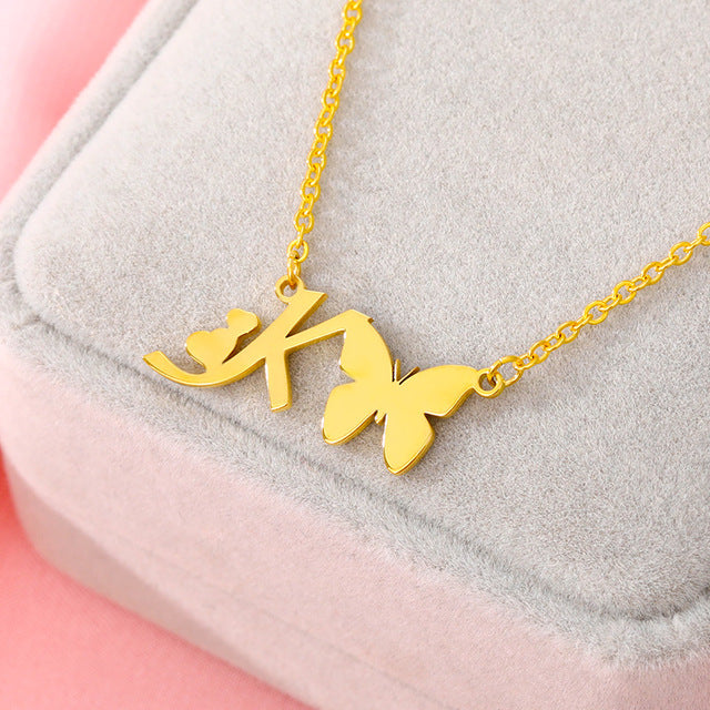 A-Z Butterfly Heart Initial Letter Necklaces For Women Gold Color Stainless Steel Long Chain Female Pendant Necklace Jewelry