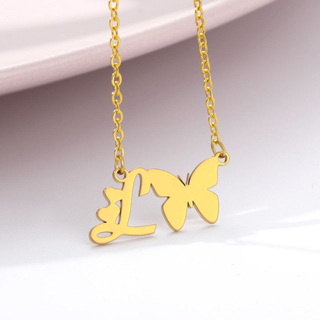 A-Z Butterfly Heart Initial Letter Necklaces For Women Gold Color Stainless Steel Long Chain Female Pendant Necklace Jewelry