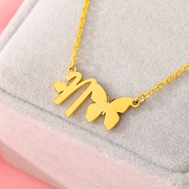 A-Z Butterfly Heart Initial Letter Necklaces For Women Gold Color Stainless Steel Long Chain Female Pendant Necklace Jewelry