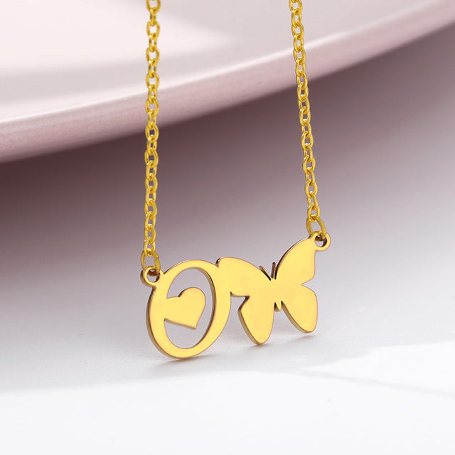 A-Z Butterfly Heart Initial Letter Necklaces For Women Gold Color Stainless Steel Long Chain Female Pendant Necklace Jewelry