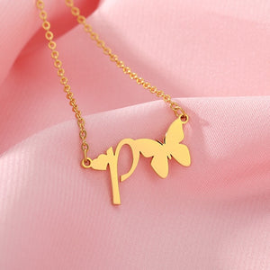 A-Z Butterfly Heart Initial Letter Necklaces For Women Gold Color Stainless Steel Long Chain Female Pendant Necklace Jewelry