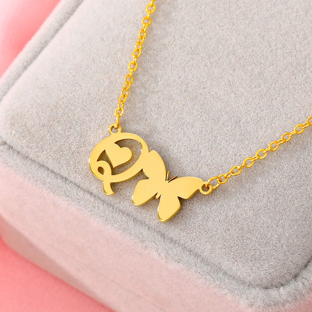 A-Z Butterfly Heart Initial Letter Necklaces For Women Gold Color Stainless Steel Long Chain Female Pendant Necklace Jewelry