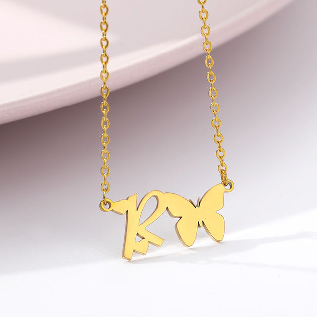 A-Z Butterfly Heart Initial Letter Necklaces For Women Gold Color Stainless Steel Long Chain Female Pendant Necklace Jewelry