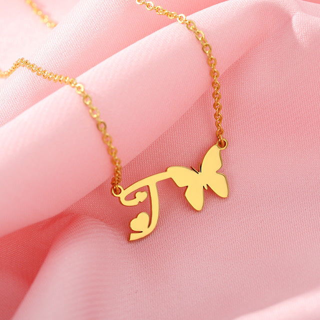 A-Z Butterfly Heart Initial Letter Necklaces For Women Gold Color Stainless Steel Long Chain Female Pendant Necklace Jewelry