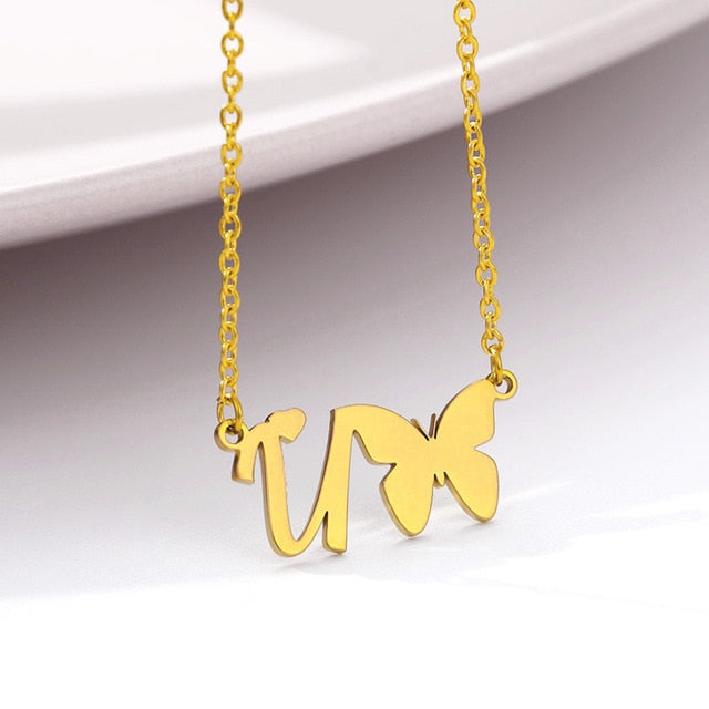 A-Z Butterfly Heart Initial Letter Necklaces For Women Gold Color Stainless Steel Long Chain Female Pendant Necklace Jewelry