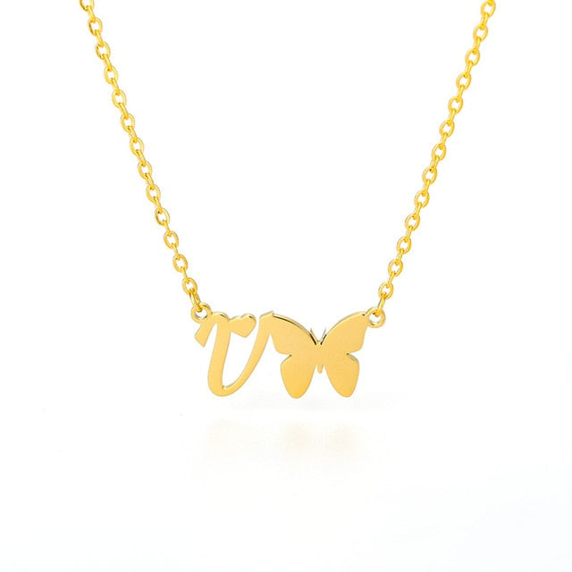 A-Z Butterfly Heart Initial Letter Necklaces For Women Gold Color Stainless Steel Long Chain Female Pendant Necklace Jewelry