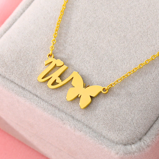 A-Z Butterfly Heart Initial Letter Necklaces For Women Gold Color Stainless Steel Long Chain Female Pendant Necklace Jewelry