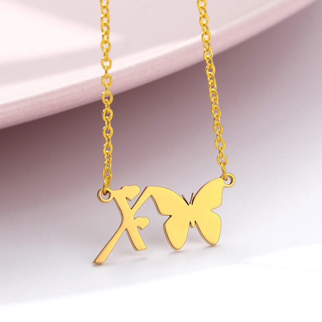 A-Z Butterfly Heart Initial Letter Necklaces For Women Gold Color Stainless Steel Long Chain Female Pendant Necklace Jewelry