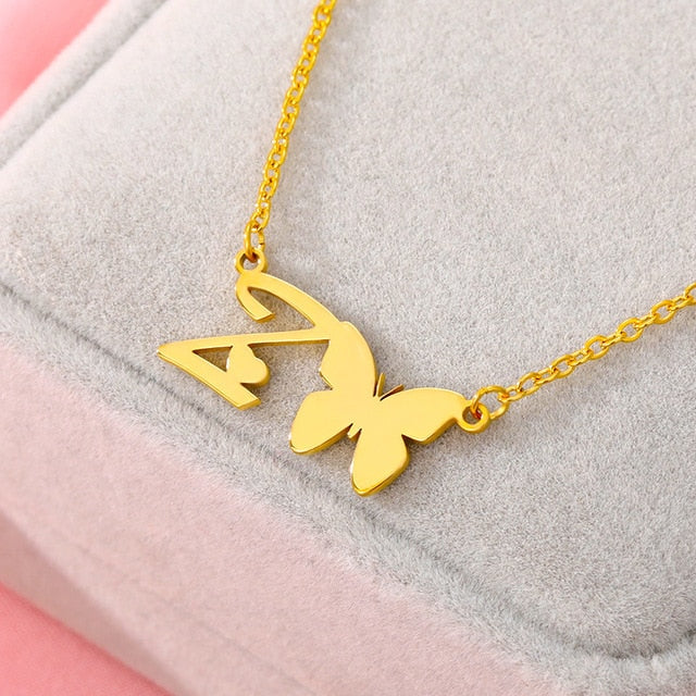 A-Z Butterfly Heart Initial Letter Necklaces For Women Gold Color Stainless Steel Long Chain Female Pendant Necklace Jewelry