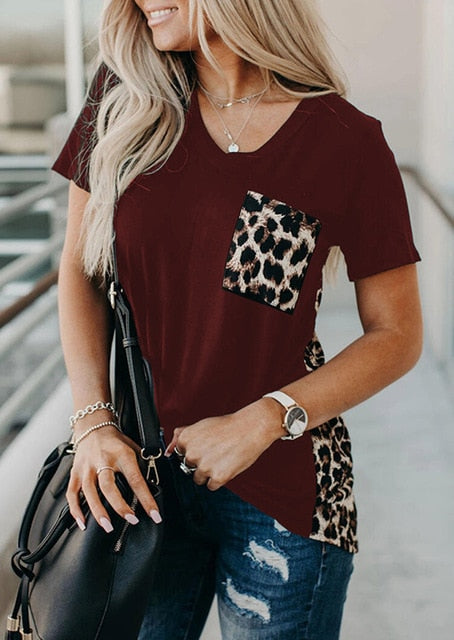 V-neck T-shirt Leopard Pocket Tee Women Summer Short Sleeve 2020 Fashion Leopard Back Tops Tee Summer New Loose Tee Shirt Female