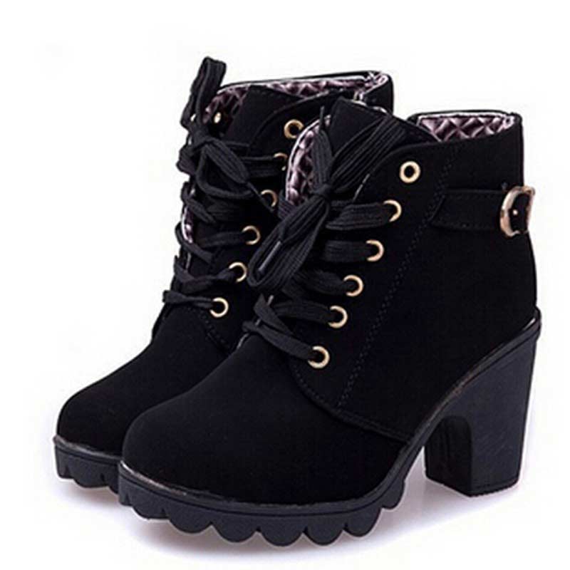 Ankle boots for women 2019 new elegant square heel shoes woman high heel solid vintage boots women lace-up ladies shoes