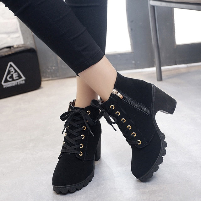 Ankle boots for women 2019 new elegant square heel shoes woman high heel solid vintage boots women lace-up ladies shoes